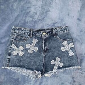 Blue denim shorts with white cross embroidery, women Size: XL